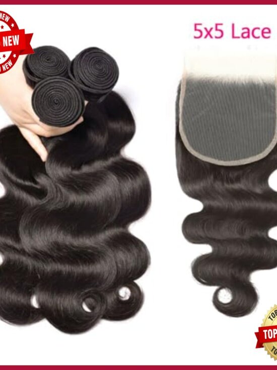Brazilian Body Wave Human Hair Extensions 3 Bundles with 5x5 Lace Closure main image 5
